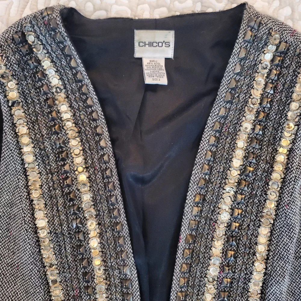 Chico's Grey Beaded Embellished Lined Wool Blend Vest Size 2 Large - Picture 3 of 6
